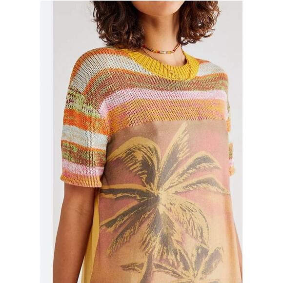 Free People Ibiza Swit Knit Short Sleeve Crochet Palm Tree Striped Tee Shirt Top - Picture 3 of 8